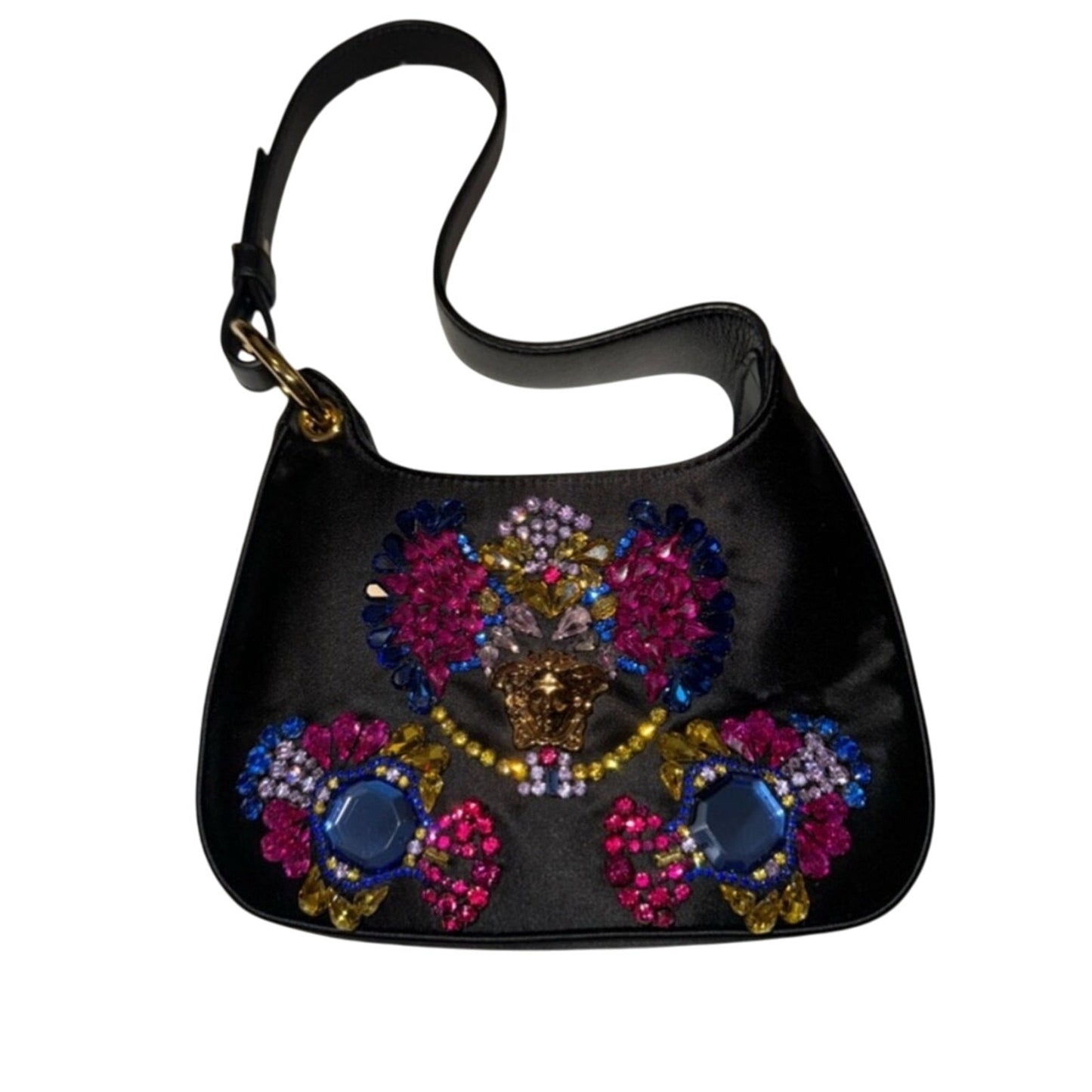 Versace Satin Crystal Embellished La Medusa Mini Hobo Bag in Black and Multicolor NWT
