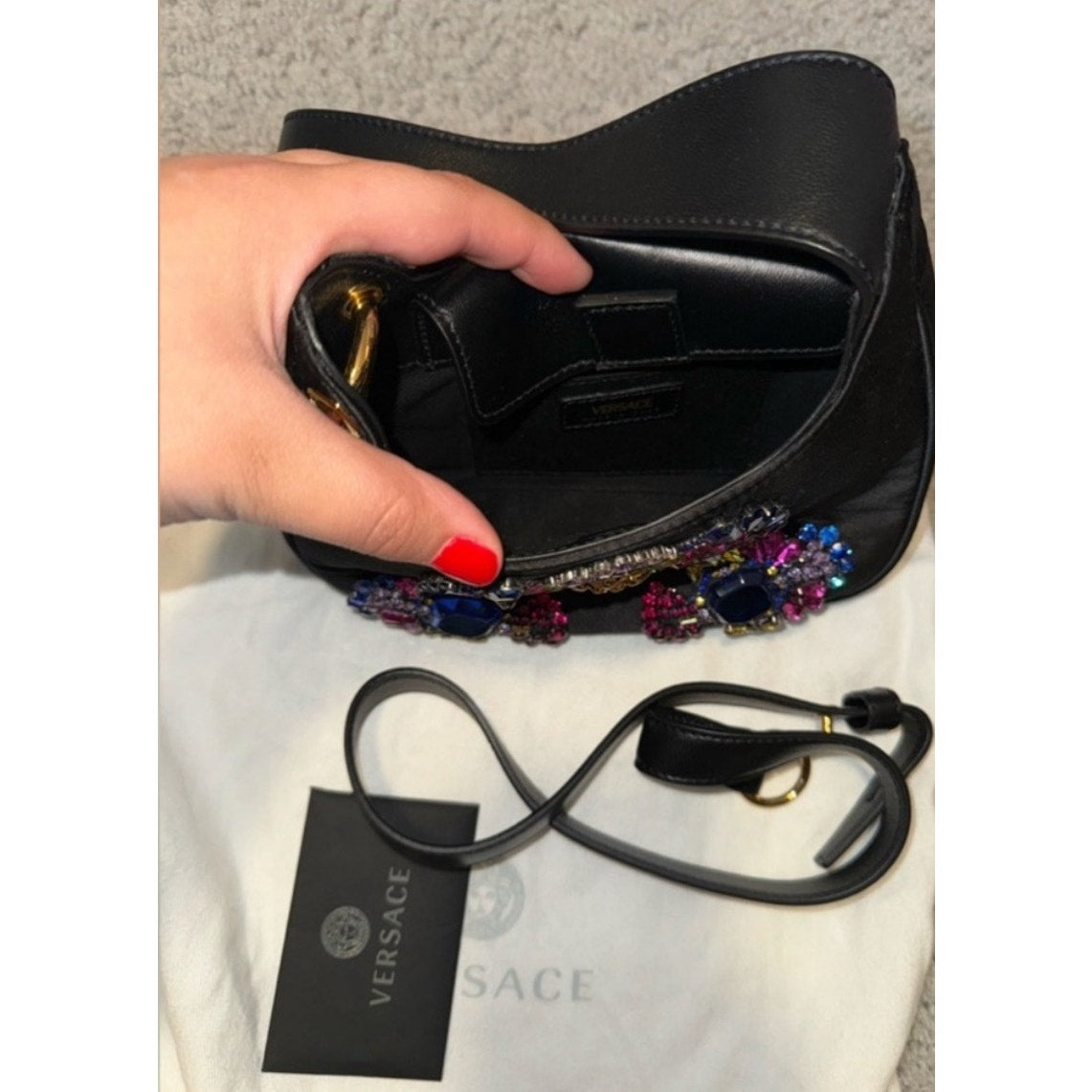 Versace Satin Crystal Embellished La Medusa Mini Hobo Bag in Black and Multicolor NWT