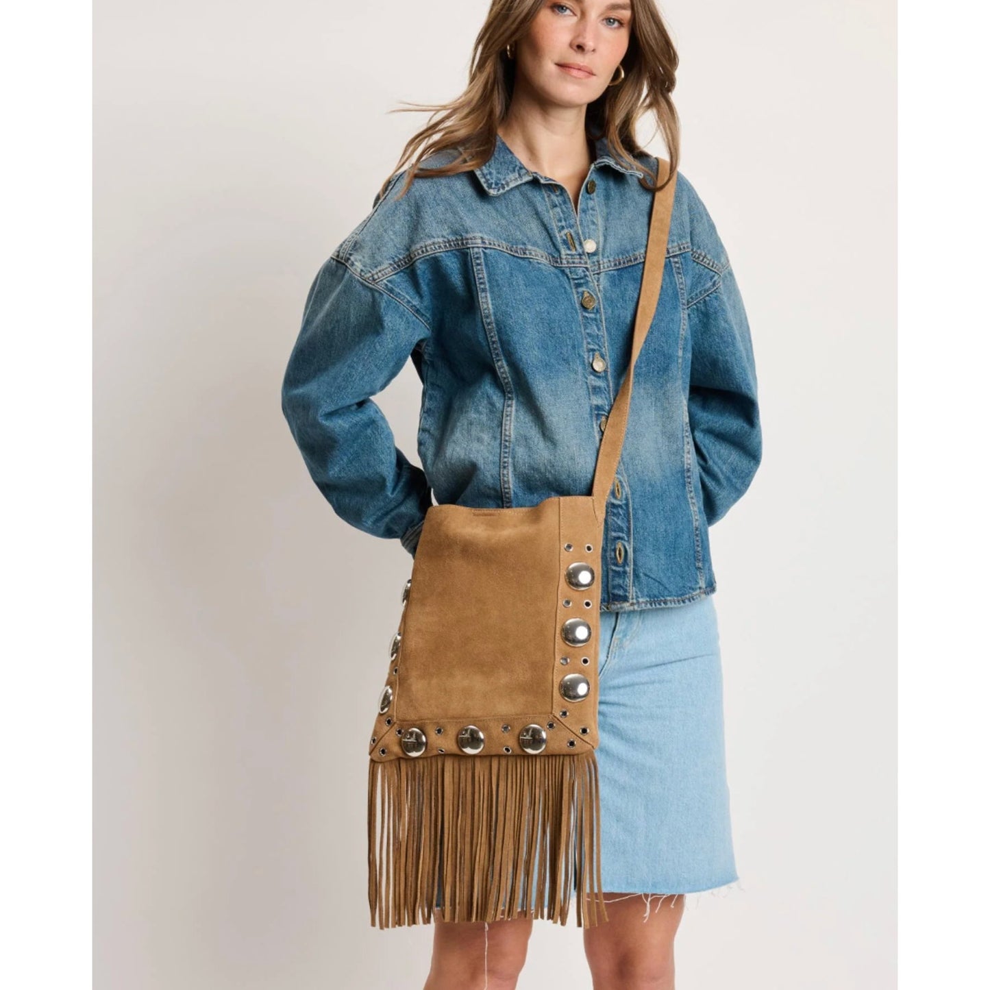Moda Luxe Courtney Fringe Forward Crossbody BROWN NWT