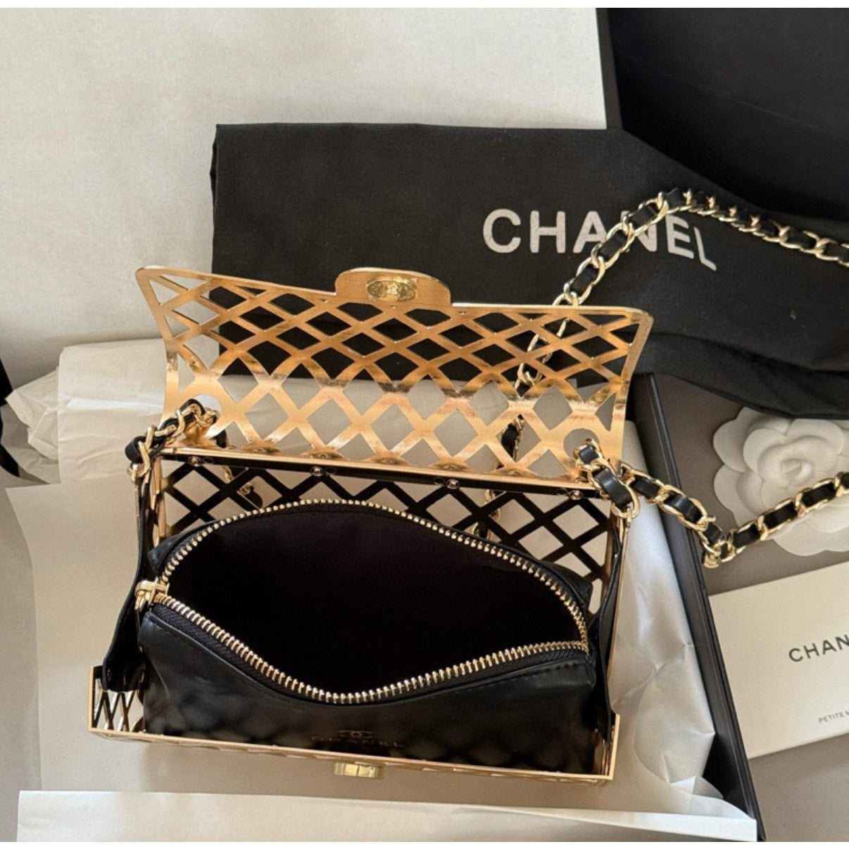 Chanel Beauty Gold Cage Crossbody with Insert 7 x 4 x 2