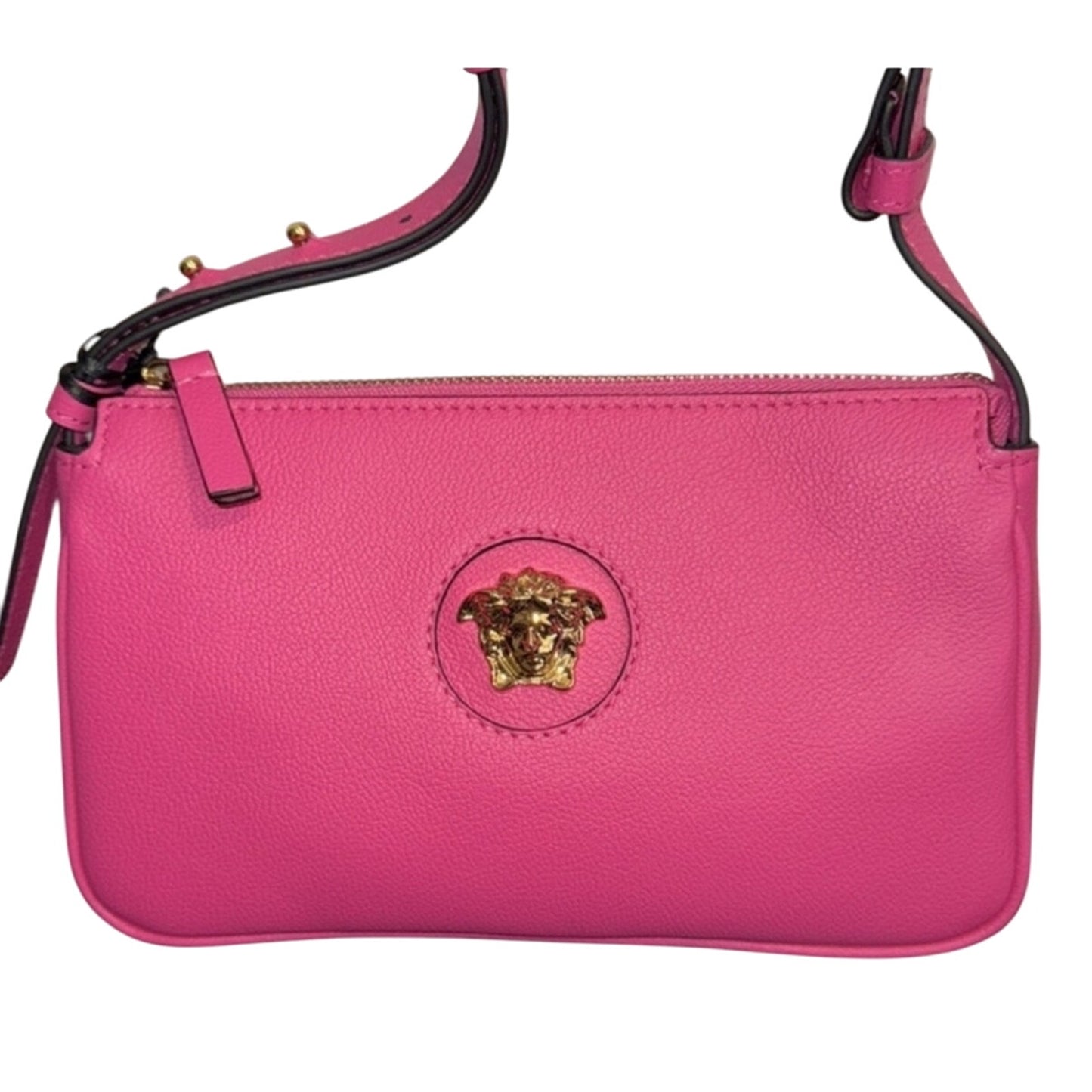 Versace Women's Pink Grainy Calf Leather Logo Crossbody Shoulder Bag NWT