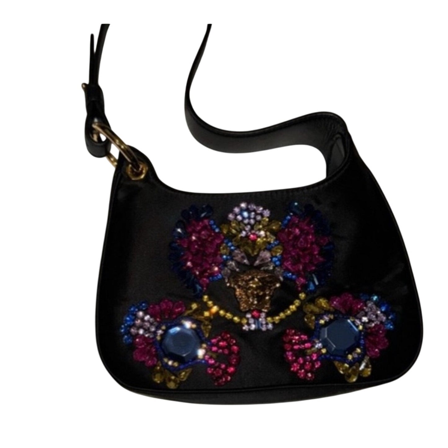 Versace Satin Crystal Embellished La Medusa Mini Hobo Bag in Black and Multicolor NWT
