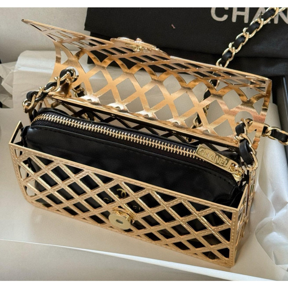 Chanel Beauty Gold Cage Crossbody with Insert 7 x 4 x 2