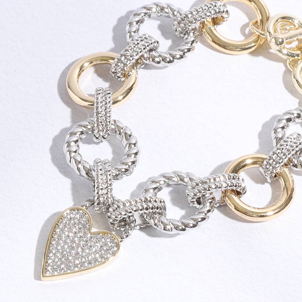 Pave Heart Charm Link Chain Bracelet