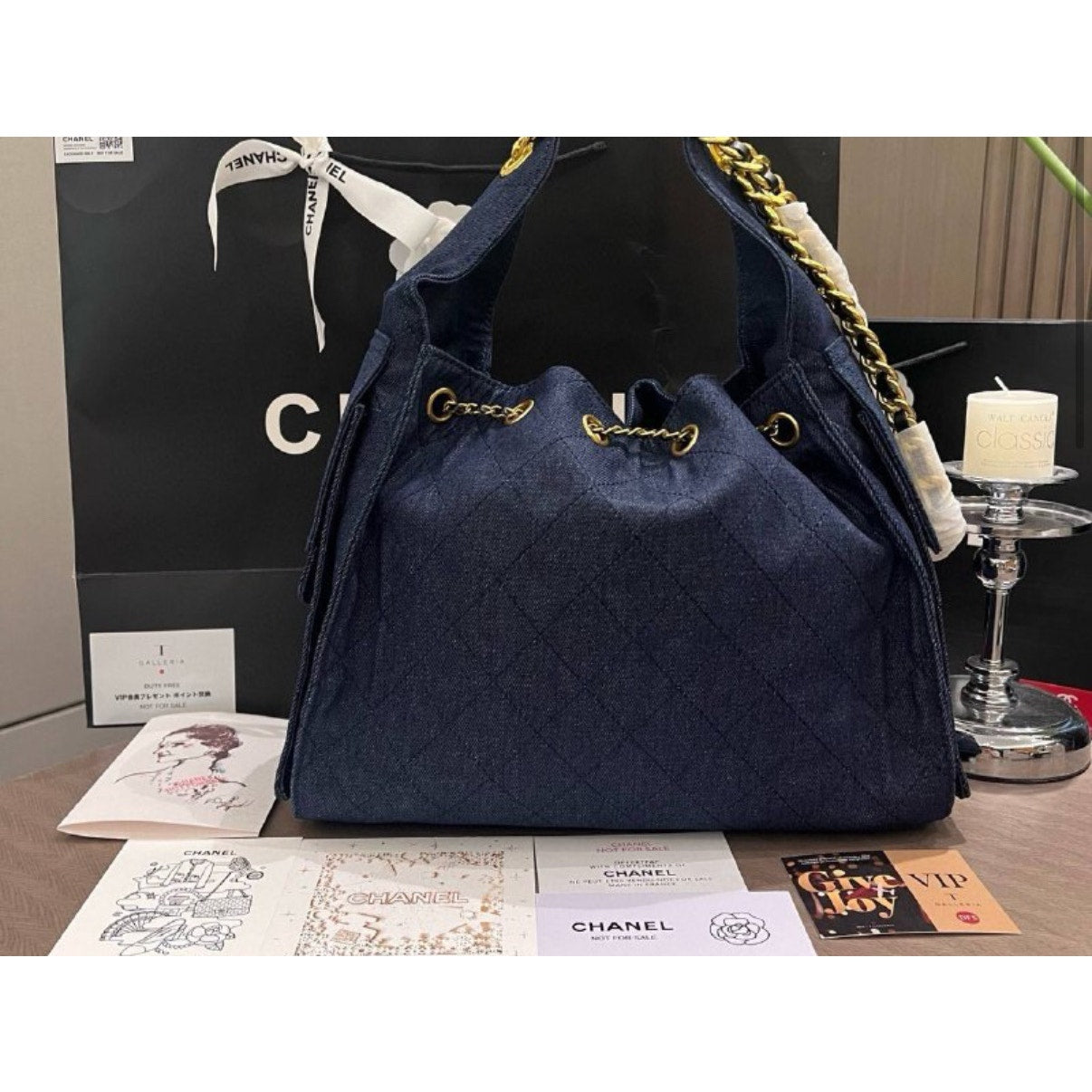 DASIL Chanel Beaute NEW Makeup Denim Quilted Gold Hardware Dimensions: 34 x 25 cm