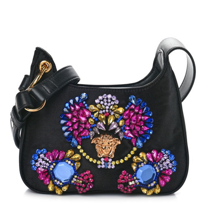 Versace Satin Crystal Embellished La Medusa Mini Hobo Bag in Black and Multicolor NWT
