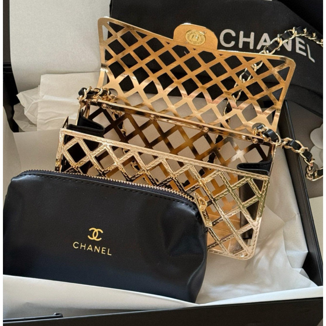 Chanel Beauty Gold Cage Crossbody with Insert 7 x 4 x 2