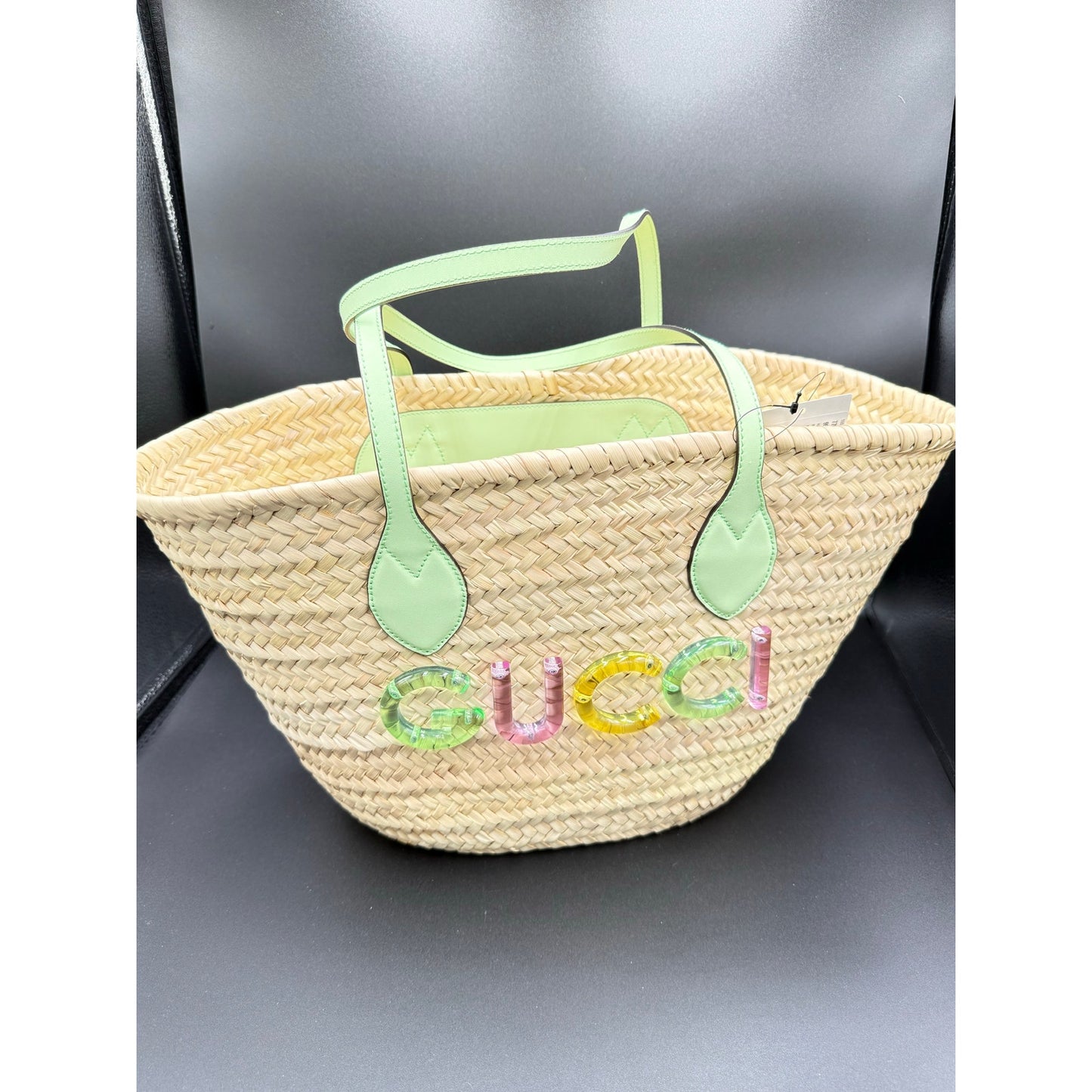 NWT GUCCI RAFFIA TOTE BAG WITH LOGO & COA 10.23 x 8.58 x 7.08