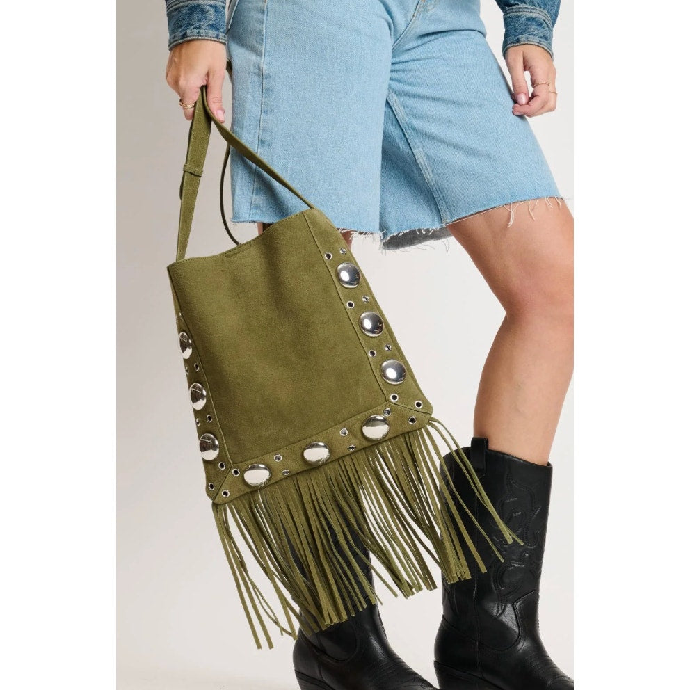 Moda Luxe Courtney Fringe Forward Crossbody OLIVE NWT