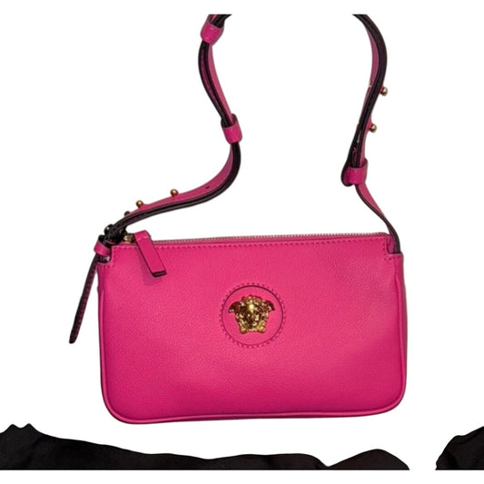 Versace Women's Pink Grainy Calf Leather Logo Crossbody Shoulder Bag NWT