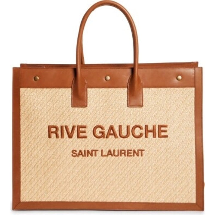 SAINT LAURENT ‘Rive Gauche’ Embroidered Raffia & Leather Tote Bag Natural NWT