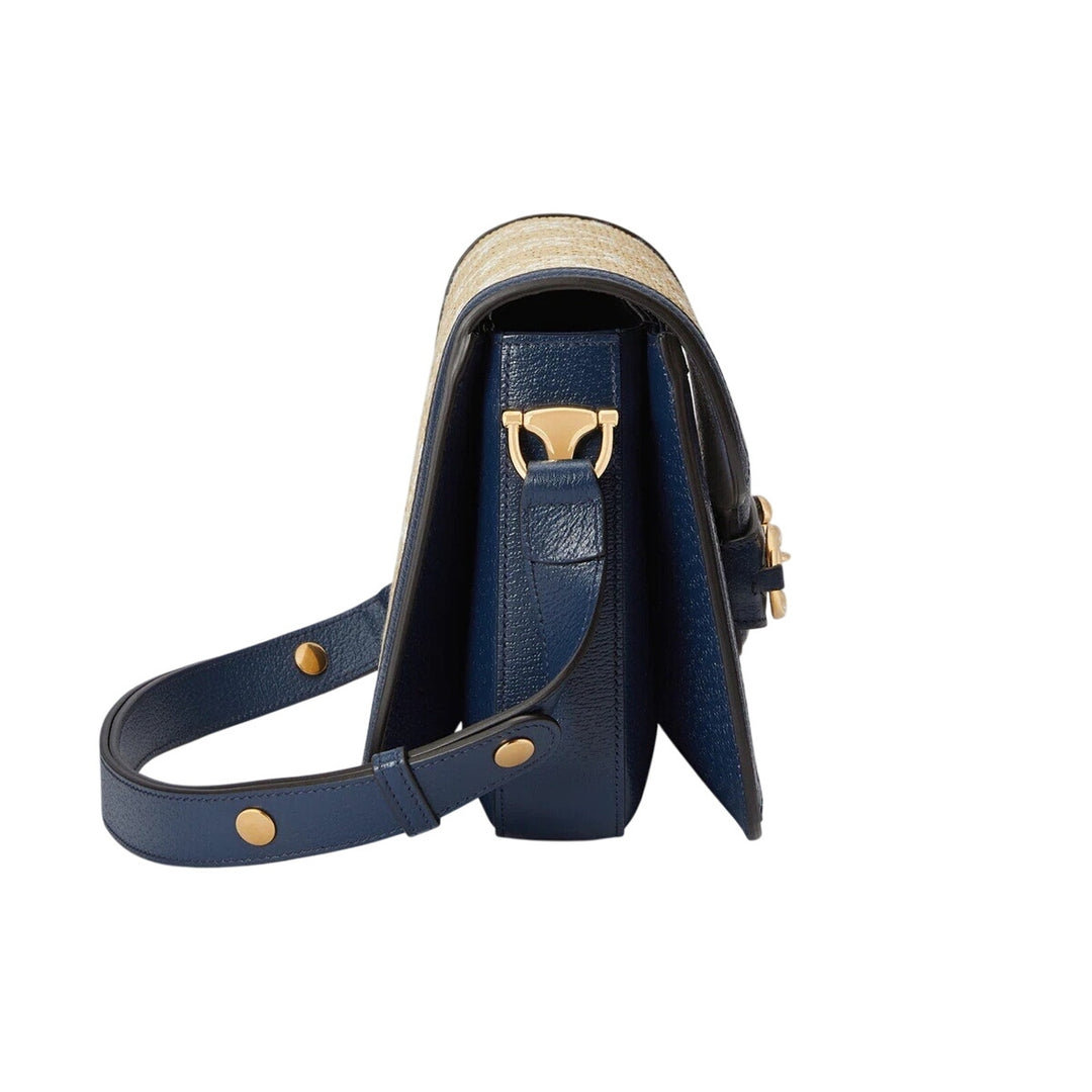 Gucci Raffia Textured Calfskin GG Monogram Horsebit 1955 Mystic Blue Agata NWT