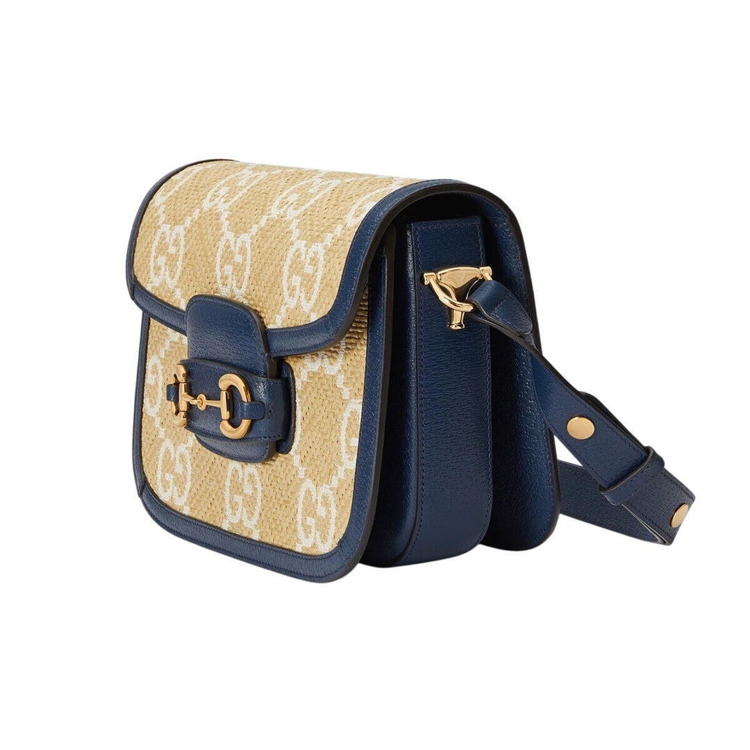 Gucci Raffia Textured Calfskin GG Monogram Horsebit 1955 Mystic Blue Agata NWT