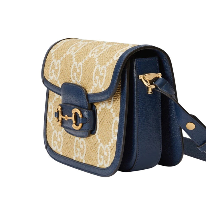 Gucci Raffia Textured Calfskin GG Monogram Horsebit 1955 Mystic Blue Agata NWT