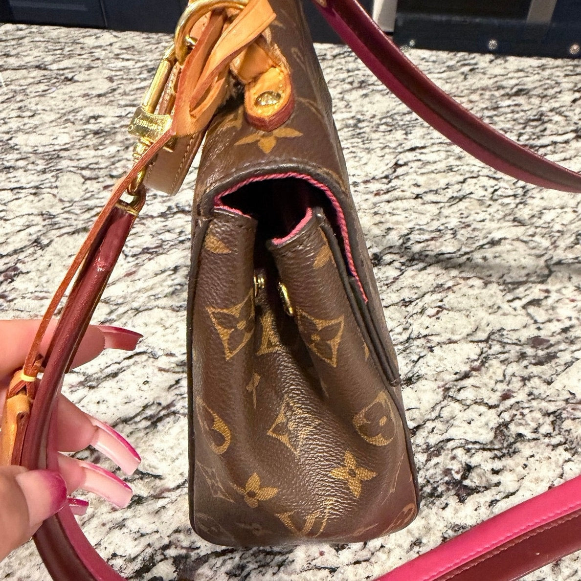 Louis Vuitton Monogram Cluny BB bag featuring a striking bright pink and bordeaux leather shoulder strap PRISTINE