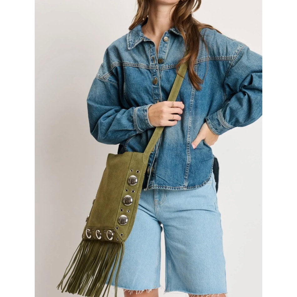 Moda Luxe Courtney Fringe Forward Crossbody OLIVE NWT