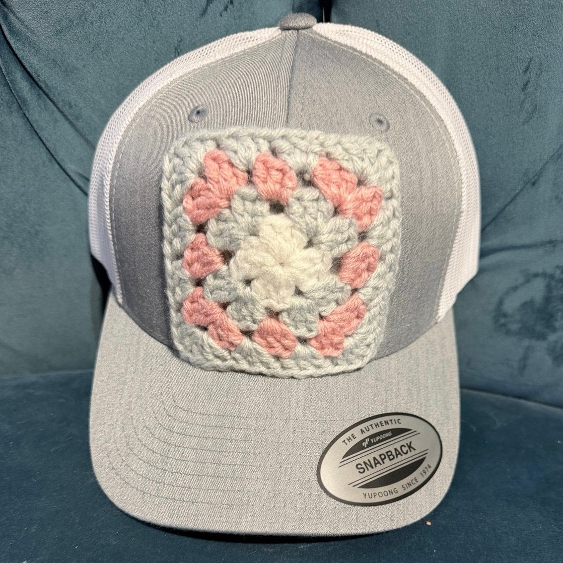 Granny Square Trucker Hat - Hand Crocheted Light Gray NEW