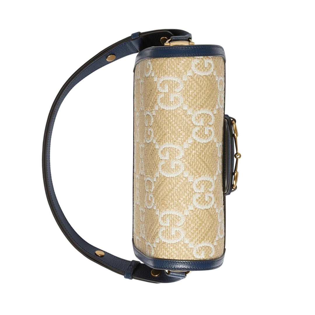 Gucci Raffia Textured Calfskin GG Monogram Horsebit 1955 Mystic Blue Agata NWT