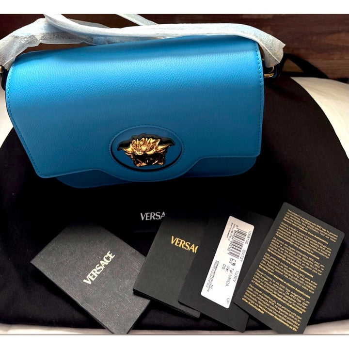 NWT Versace La Medusa Blue Leather Shoulder Crossbody Bag Purse MSRP $1100