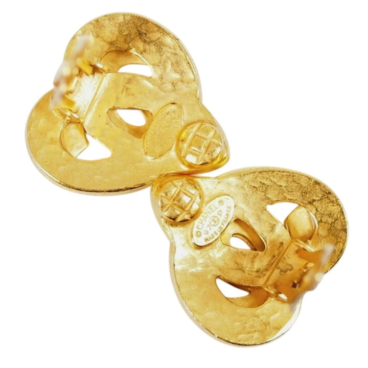 CHANEL CC Logo Heart Motif Earrings Vintage 1997 24K Gold Plated EUC