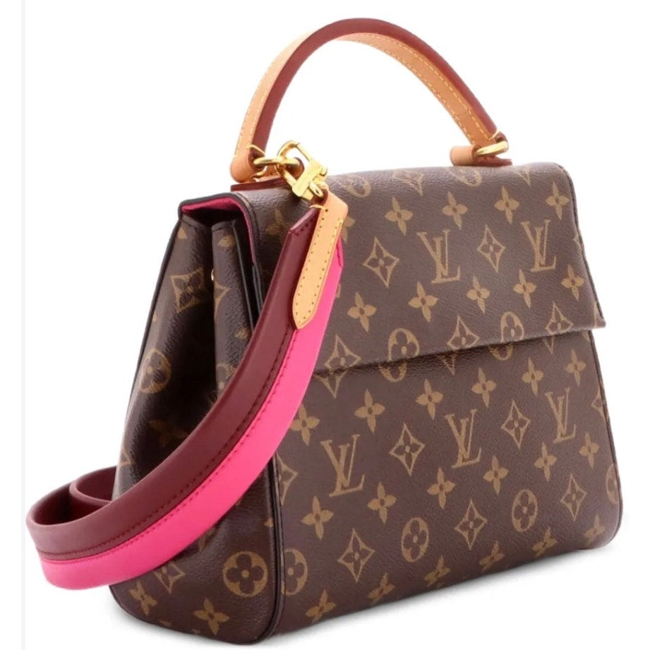 Louis Vuitton Monogram Cluny BB bag featuring a striking bright pink and bordeaux leather shoulder strap PRISTINE