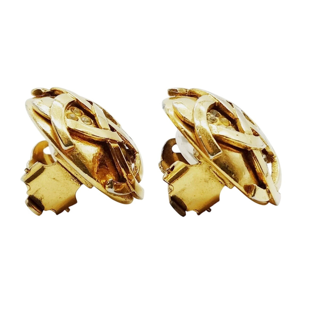 Chanel Vintage Gold Plated Round Rhinestone Clip On Earrings