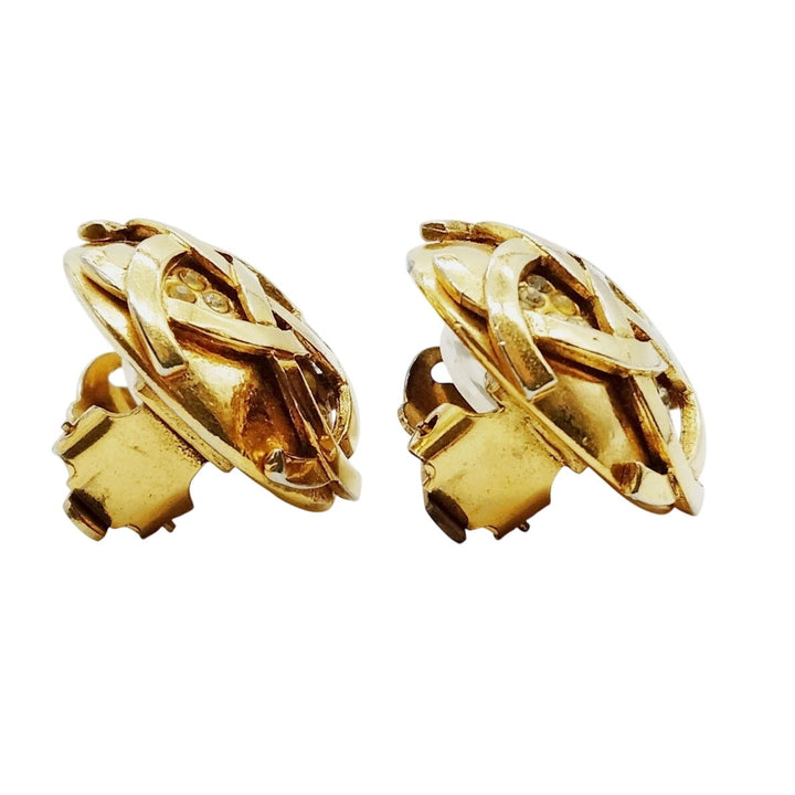 Chanel Vintage Gold Plated Round Rhinestone Clip On Earrings