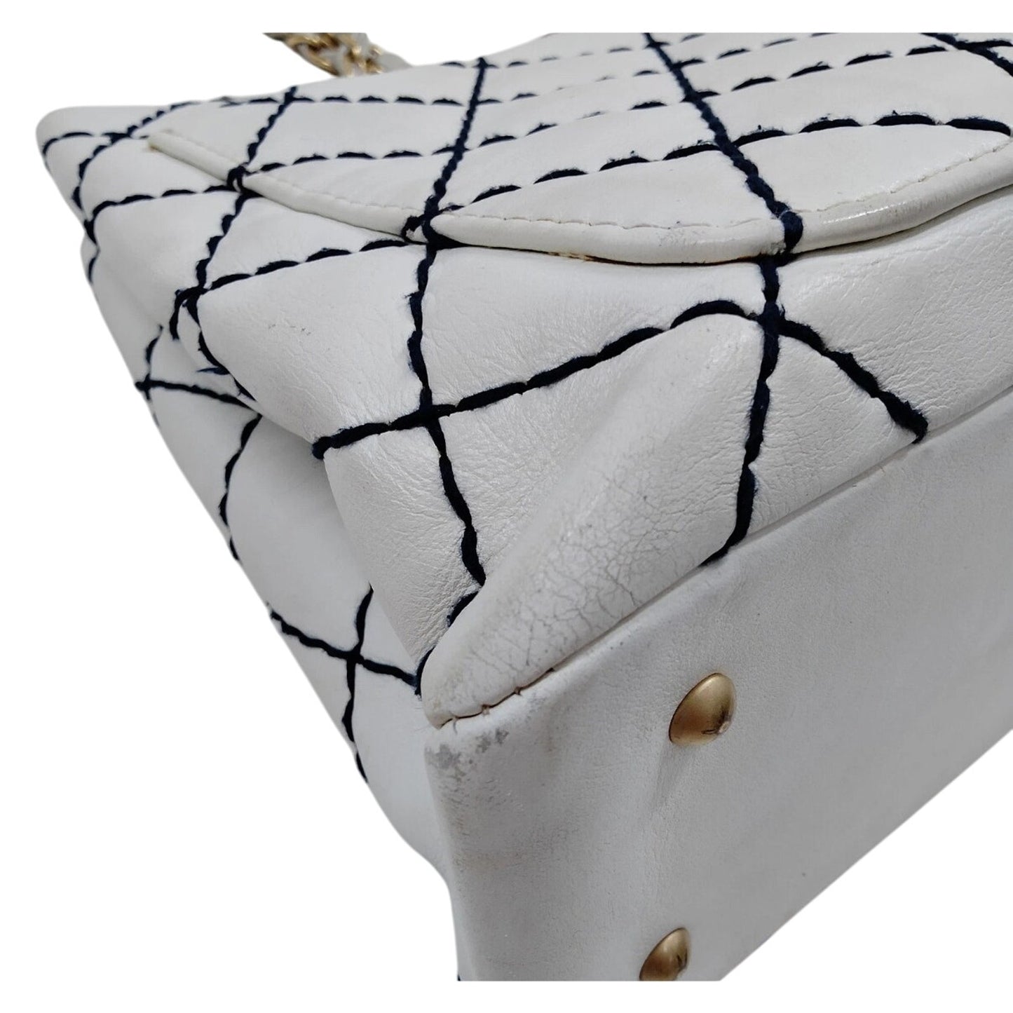 Chanel 1861 White & Navy Blue Diamond Stitch Shoulder Tote EUC