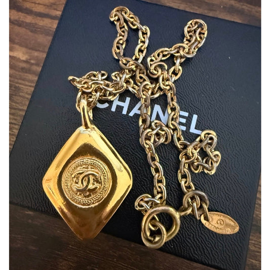 Chanel CC Diamond Pendant Necklace 1980s Gold Plated