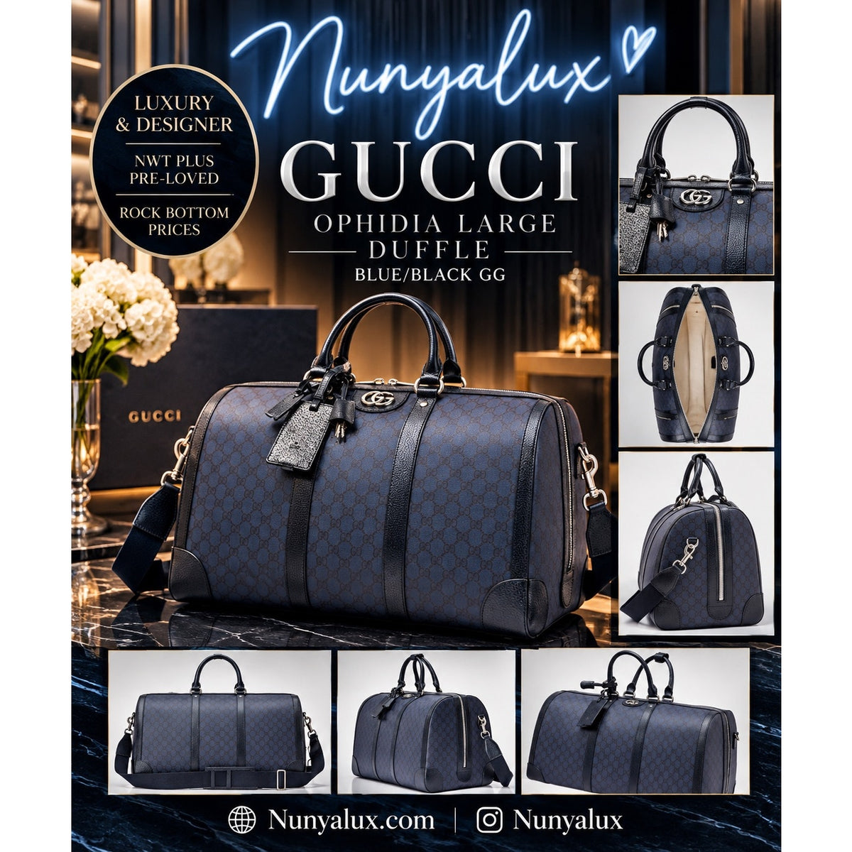 GUCCI Ophidia Large $2980 Blue/Black GG Duffle Bag New And Authentic