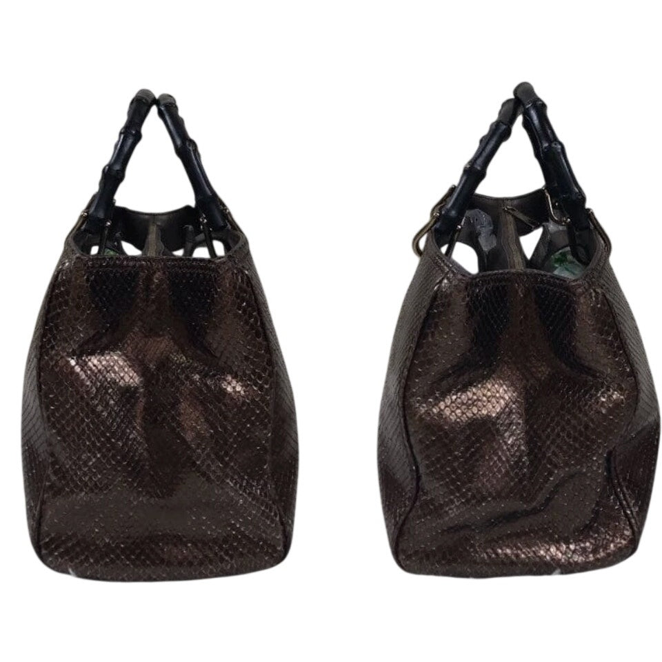 Gucci Bamboo Shopper Tote Bag Bronze-Toned Python Skin Black Bamboo Handle EUC