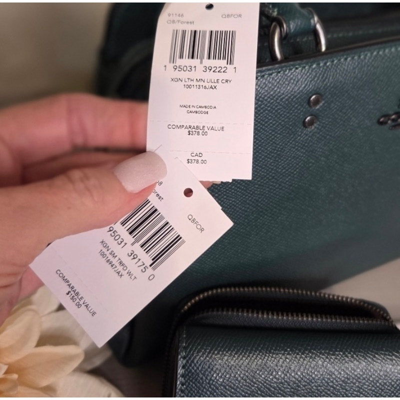 krybur4 Coach Lillie Carryall Forest Crossgrain Leather Satchel Shoulder Bag + Wallet NWT