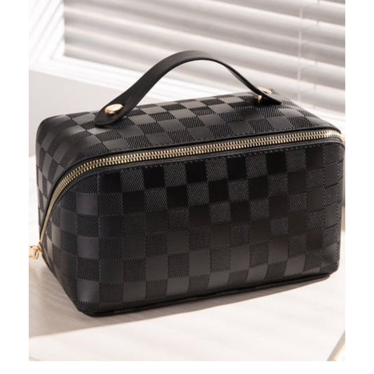 Vegan Leather Checkered Make Up Bag  - Black 4.73 x 9.84 x 4.73