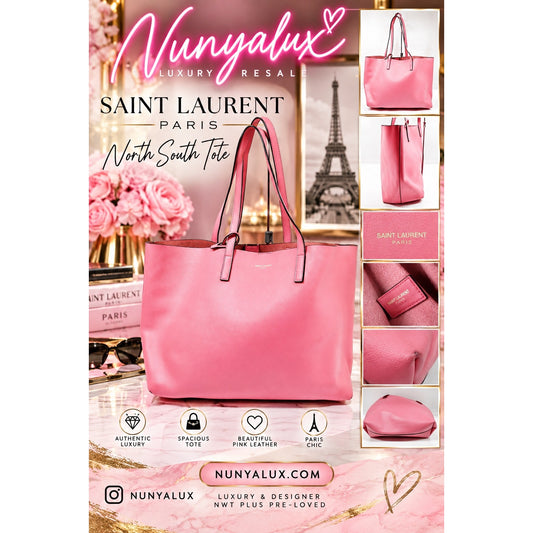 St. Laurent Paris North South Calf Skin Leather Tote Pink EUC