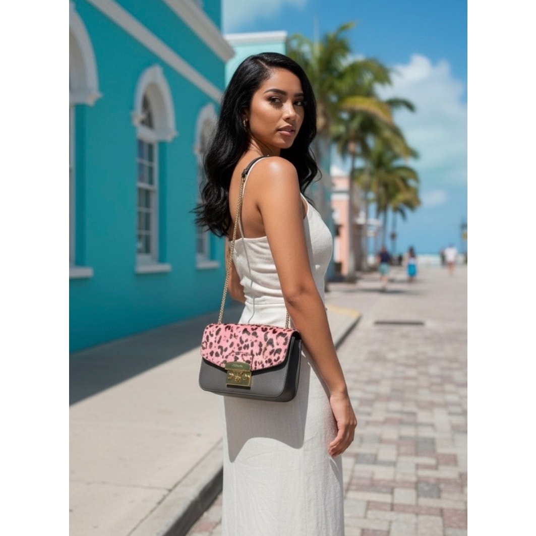 Furla Metropolis Leather & Pink Leopard CalfHair Crossbody W Lock & Key