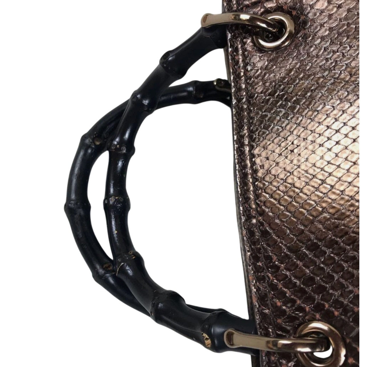 Gucci Bamboo Shopper Tote Bag Bronze-Toned Python Skin Black Bamboo Handle EUC