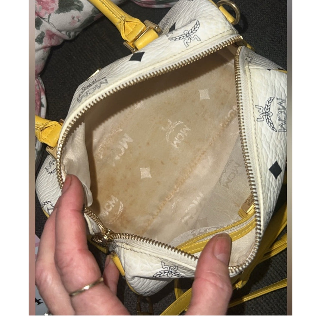 MCM Visetos Boston Satchel White & Yellow