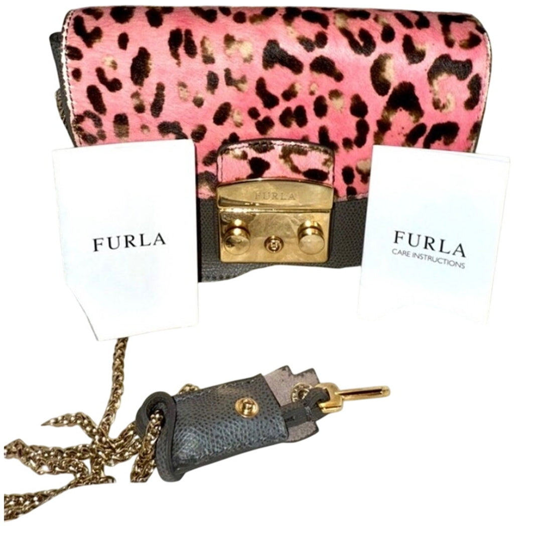 Furla Metropolis Leather & Pink Leopard CalfHair Crossbody W Lock & Key