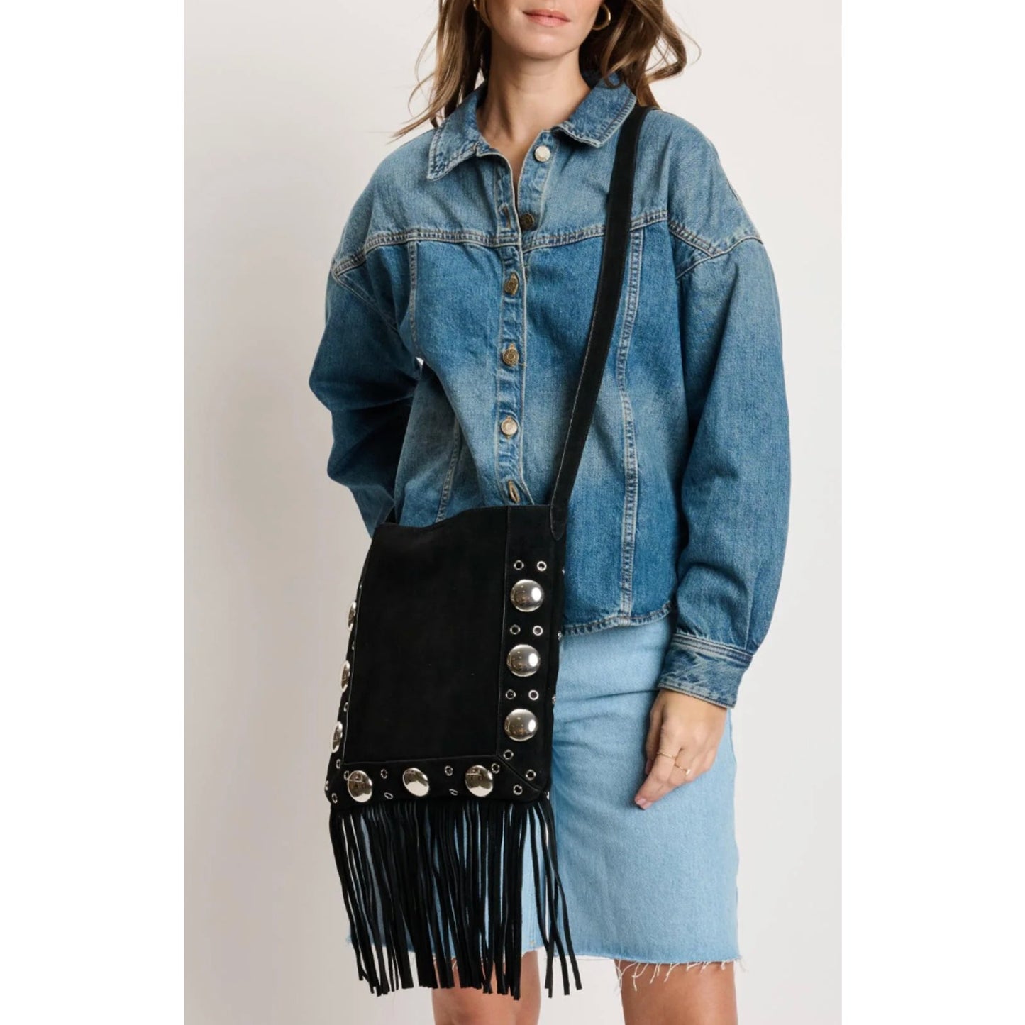 Moda Luxe Courtney Fringe Forward Crossbody BLACK NWT