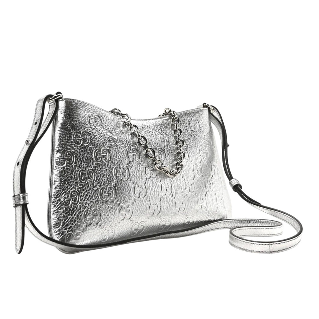 GUCCI Metallic GG Grainy Calfskin Emblem Medium Shoulder Bag Silver NWT