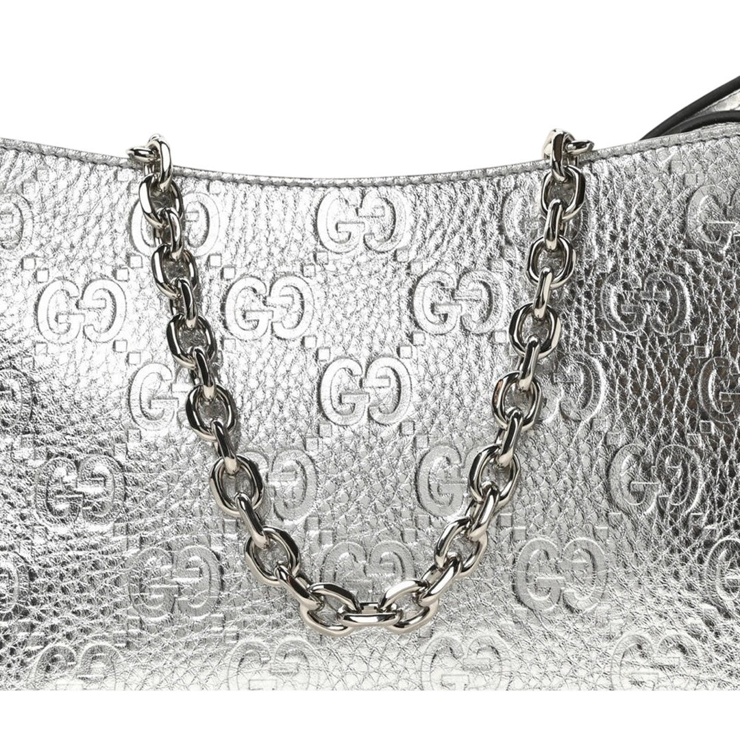 GUCCI Metallic GG Grainy Calfskin Emblem Medium Shoulder Bag Silver NWT