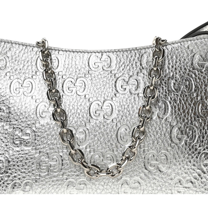 GUCCI Metallic GG Grainy Calfskin Emblem Medium Shoulder Bag Silver NWT