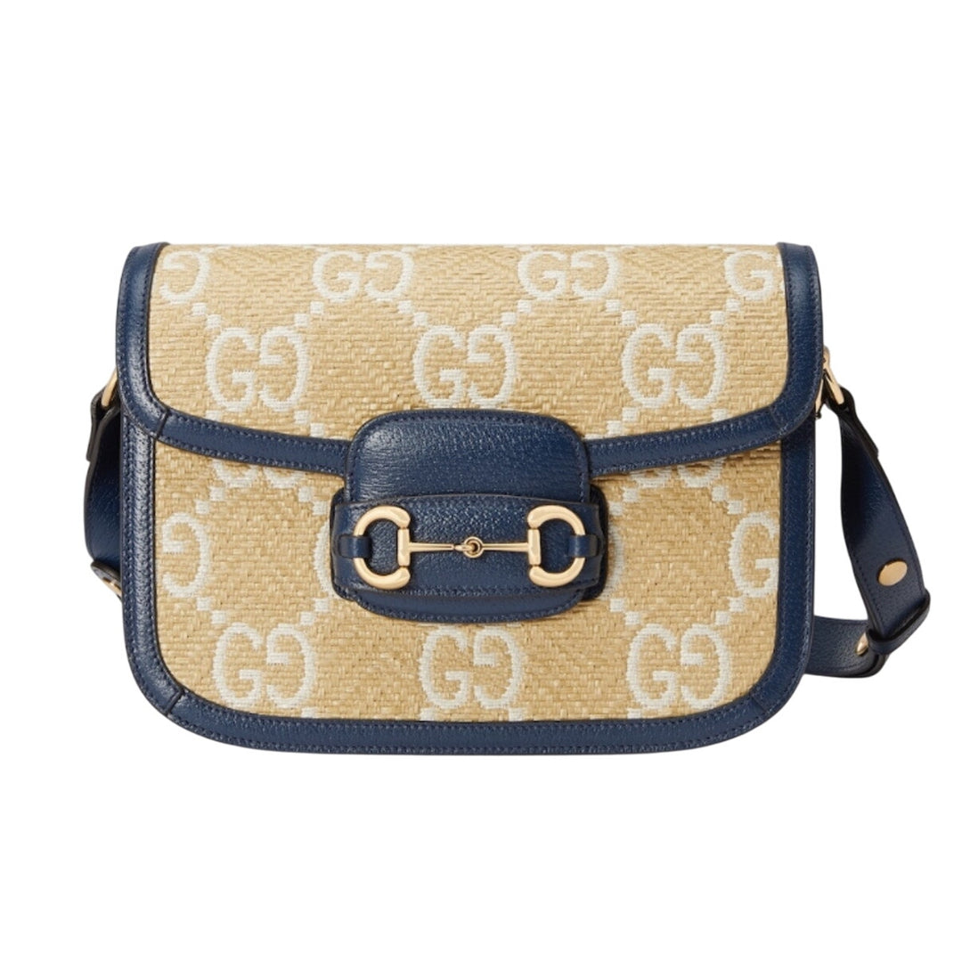Gucci Raffia Textured Calfskin GG Monogram Horsebit 1955 Mystic Blue Agata NWT