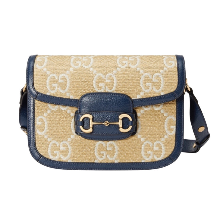 Gucci Raffia Textured Calfskin GG Monogram Horsebit 1955 Mystic Blue Agata NWT