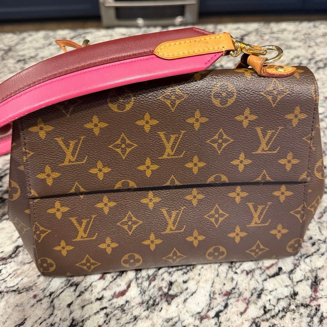 Louis Vuitton Monogram Cluny BB bag featuring a striking bright pink and bordeaux leather shoulder strap PRISTINE
