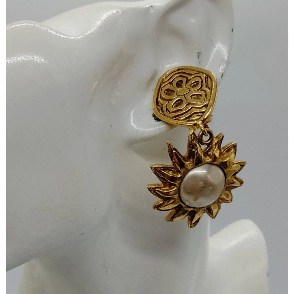 Chanel 1990 Gold Plated Sun drop earrings pearlescent inset & abstract flower