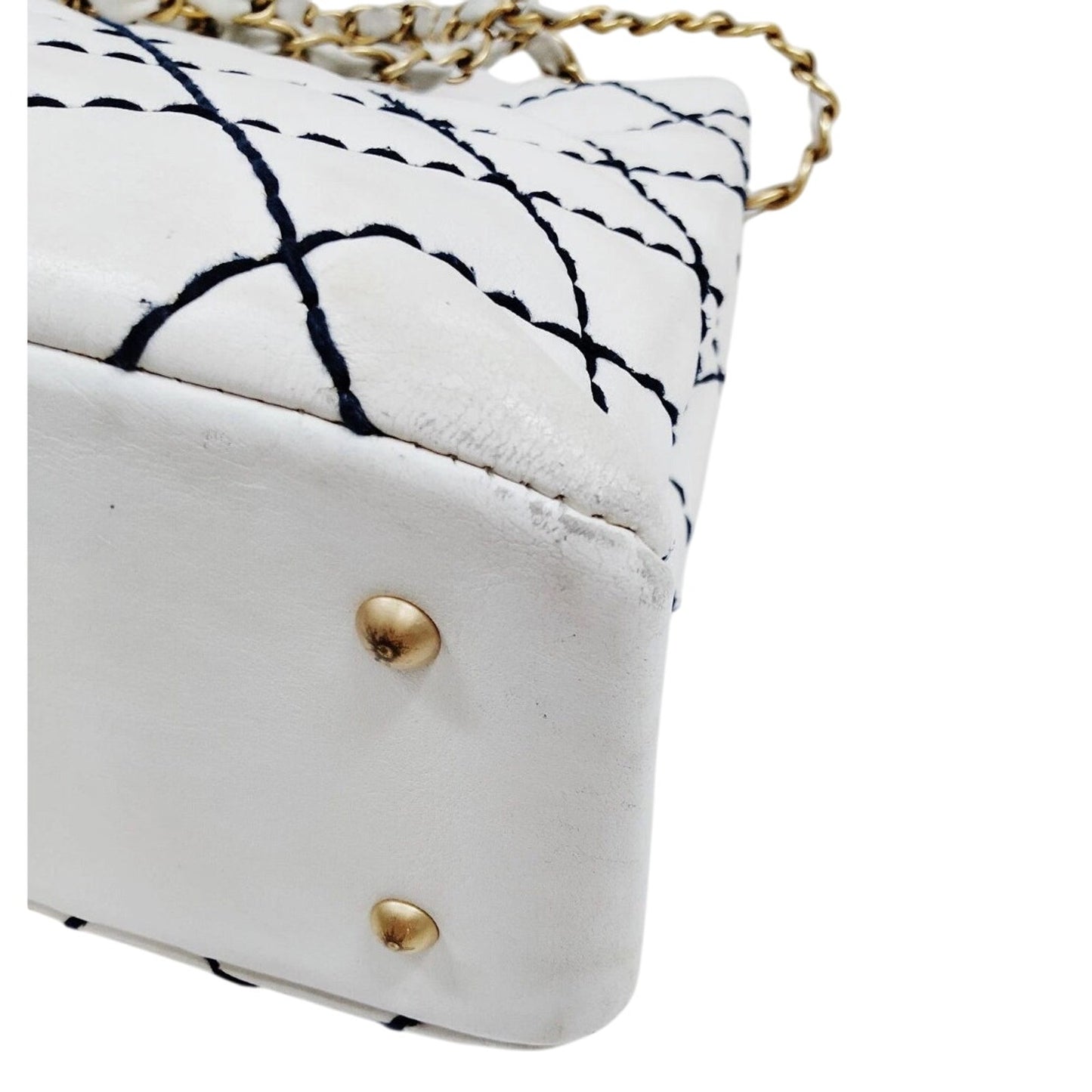 Chanel 1861 White & Navy Blue Diamond Stitch Shoulder Tote EUC