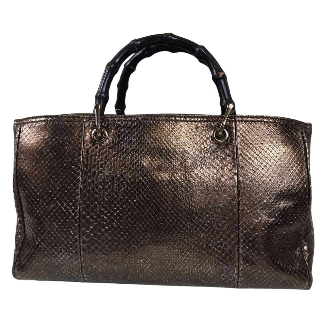 Gucci Bamboo Shopper Tote Bag Bronze-Toned Python Skin Black Bamboo Handle EUC