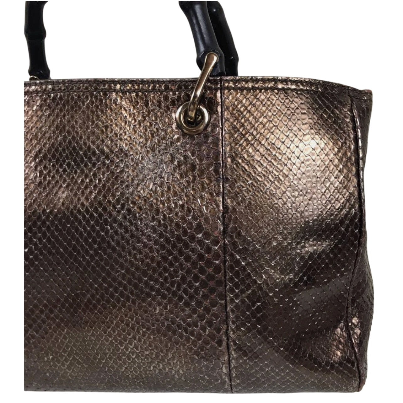 Gucci Bamboo Shopper Tote Bag Bronze-Toned Python Skin Black Bamboo Handle EUC