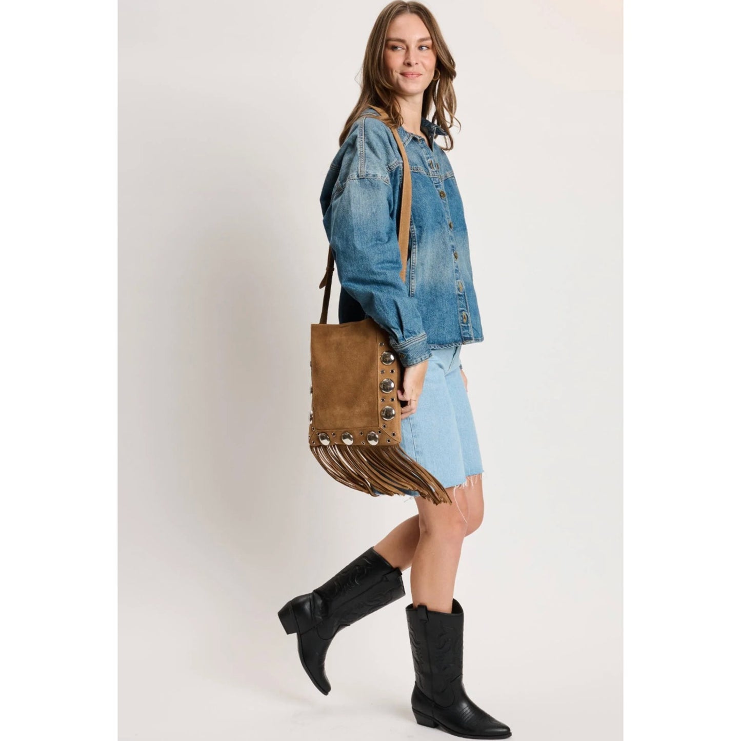 Moda Luxe Courtney Fringe Forward Crossbody BROWN NWT
